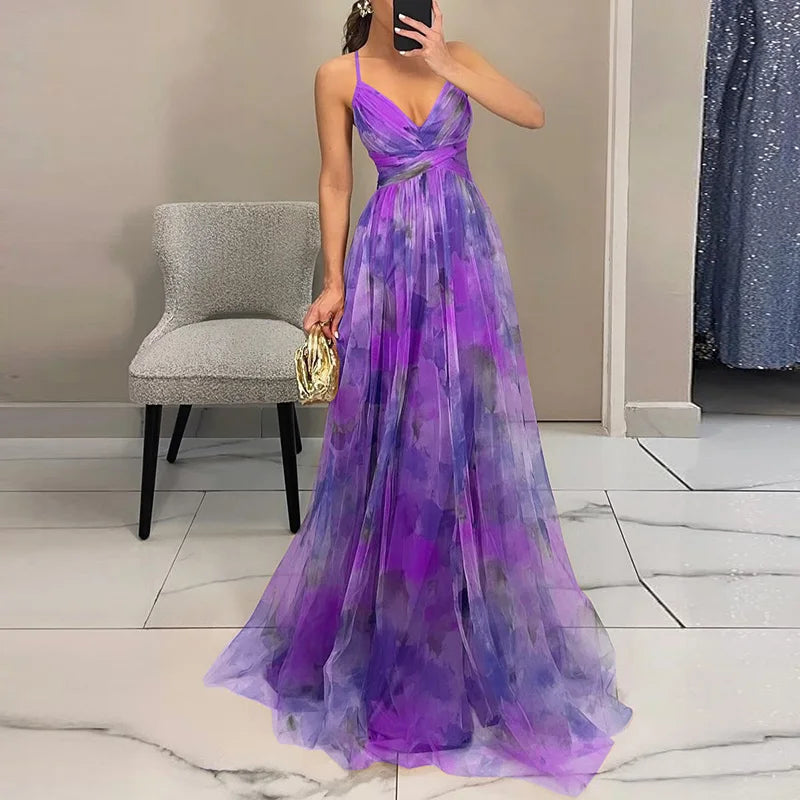 Women's Floral Mesh Maxi Dress – Fitted Bodice Tiered Skirt