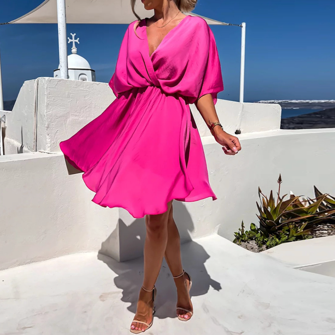 Women's Satin Mini Dress – V-Neck Fluid Drape