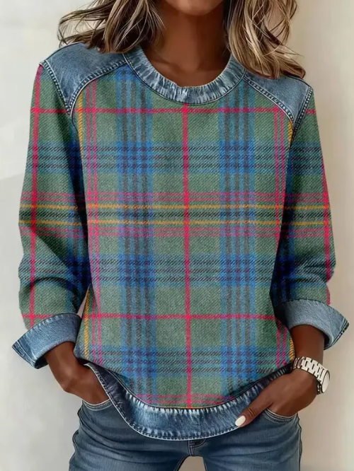 Women's Patchwork Sweatshirt – Embossed Floral Crew Neck