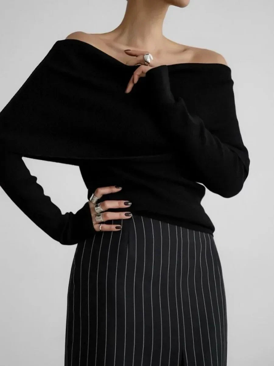 Women's Off-Shoulder Sweater – Slim Hand-Knit Texture