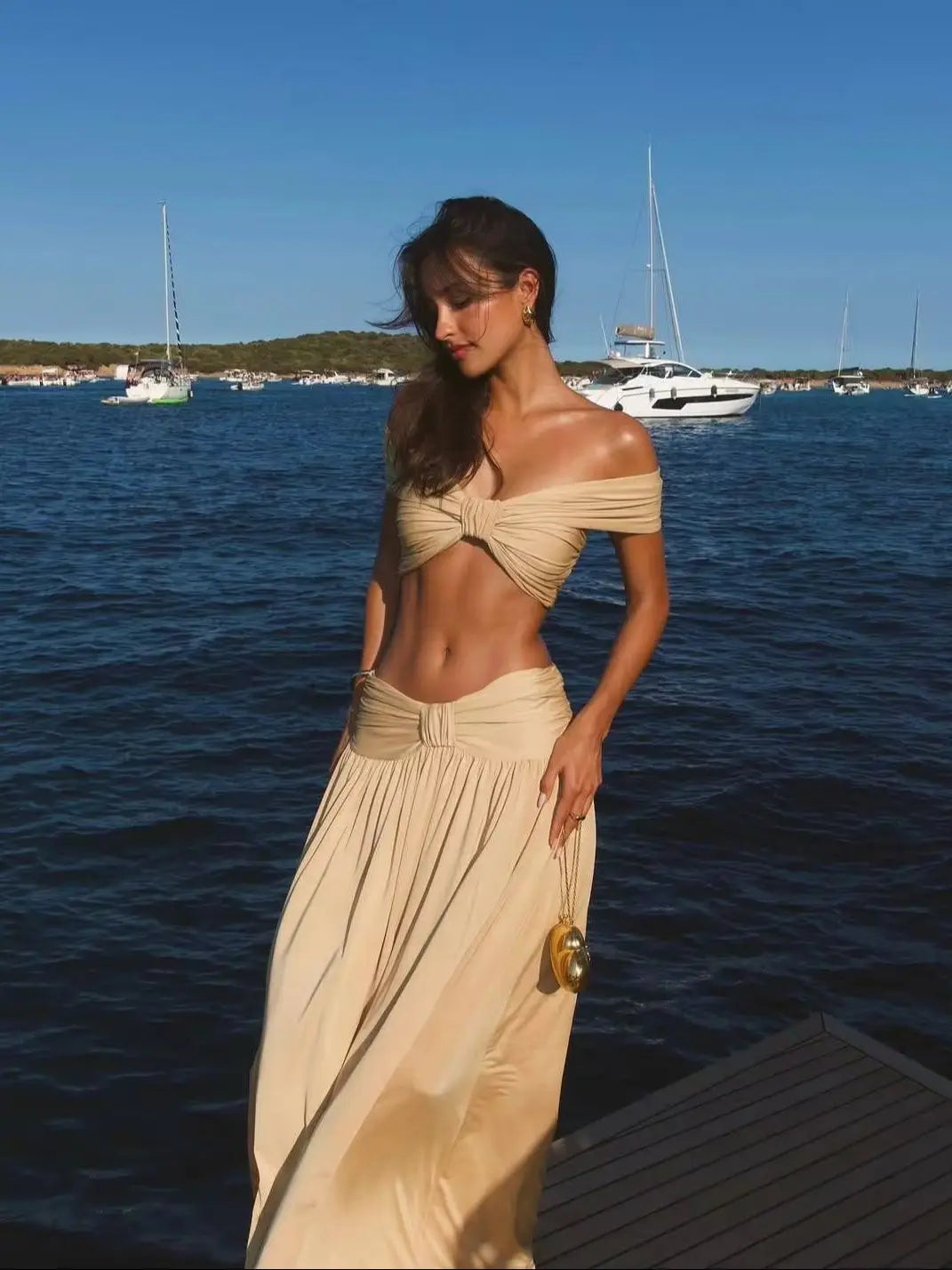 Women's Stretch Maxi Skirt Set – Off-Shoulder Fitted Top