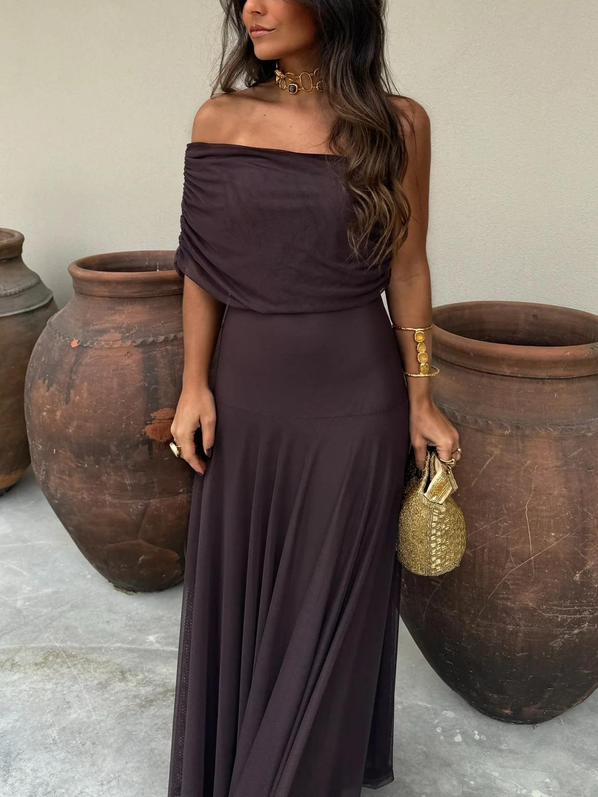 Women's Chiffon Maxi Dress – Off-Shoulder Gathered Bodice