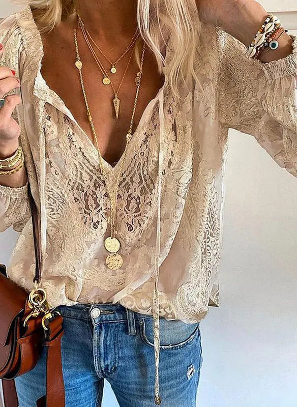 Women's V-Neck Blouse – Boho Patterned Long Sleeve
