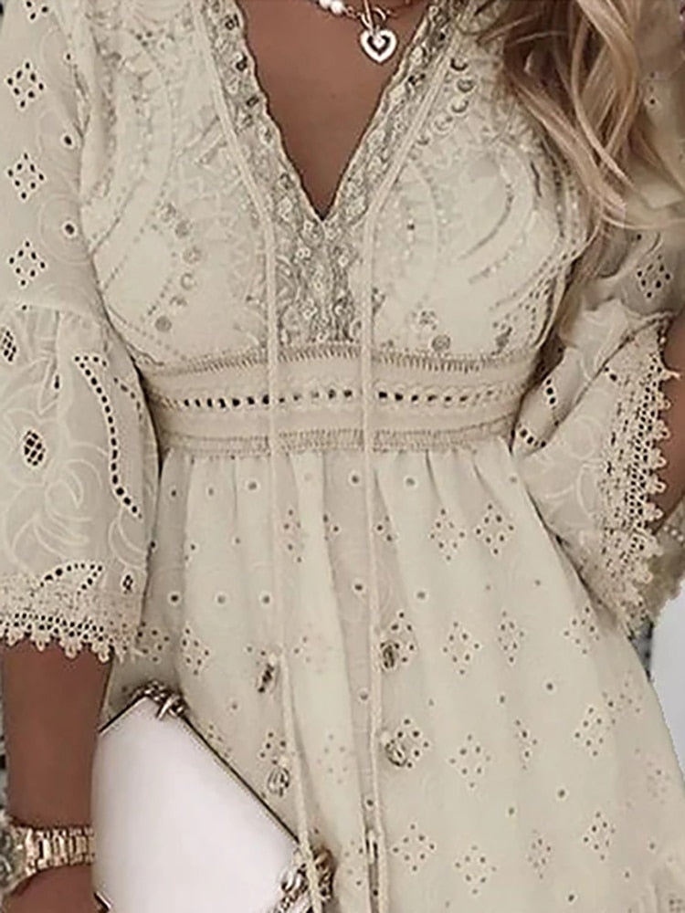 Women's V-Neck Midi Dress – Loose 3/4 Sleeve Fit
