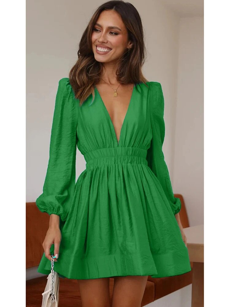 Women's Ruffle Mini Dress – Long Sleeve V-Neck