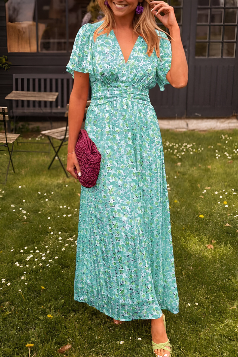 Women's Floral Maxi Dress – V-Neck Elastic Waist