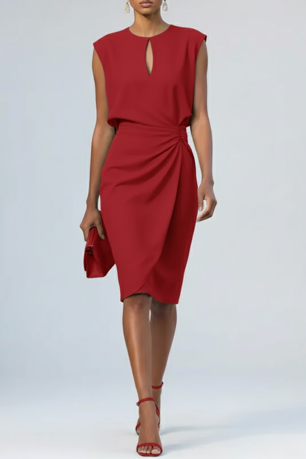 Women's Midi Cocktail Dress – Gathered Waist Keyhole Neck