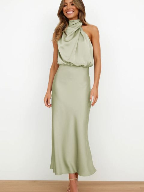 Women's Satin Halter Midi Dress – Draped Fluid Silhouette