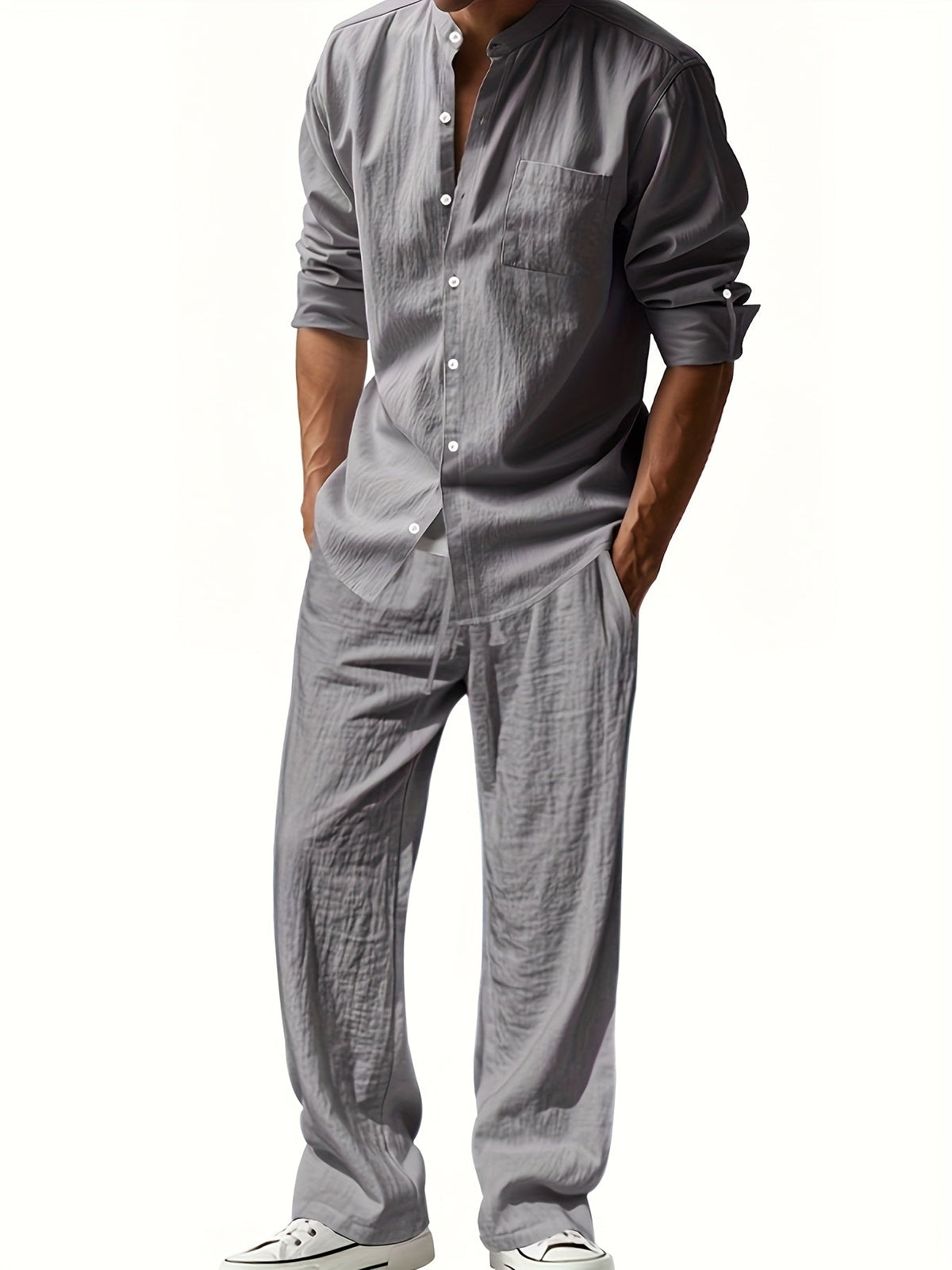 Men's Linen Two-Piece Set – Band Collar Shirt and Pants