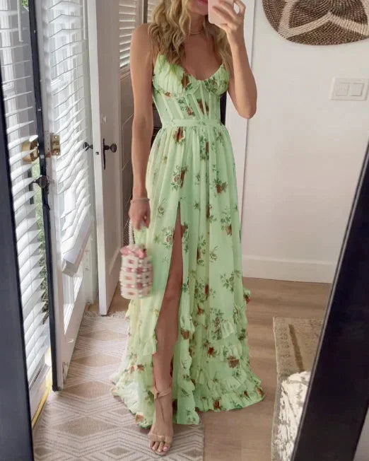 Women's Floral Lace-Up Maxi Dress – Fitted With Side Slit