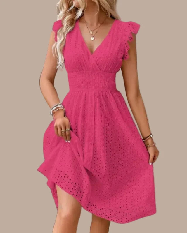 Women's Eyelet Midi Dress – Surplice Neck Ruffle Sleeve