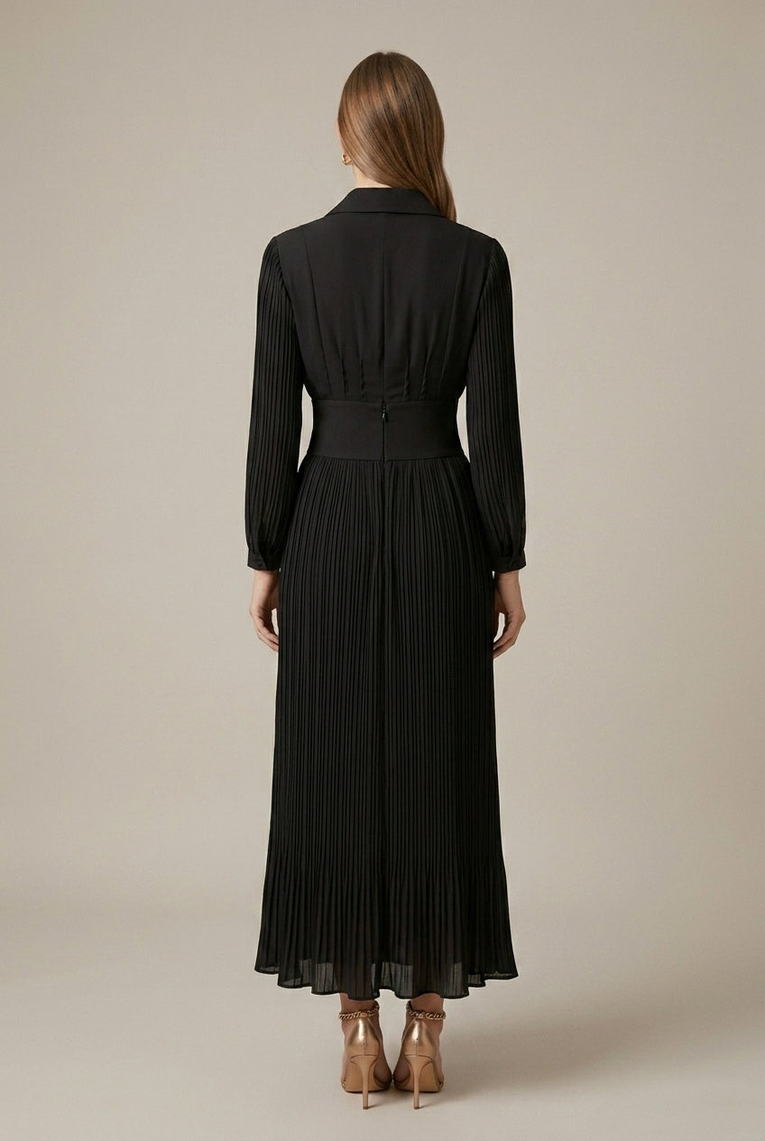 Women's Pleated Maxi Dress – V-Neck Button Waist
