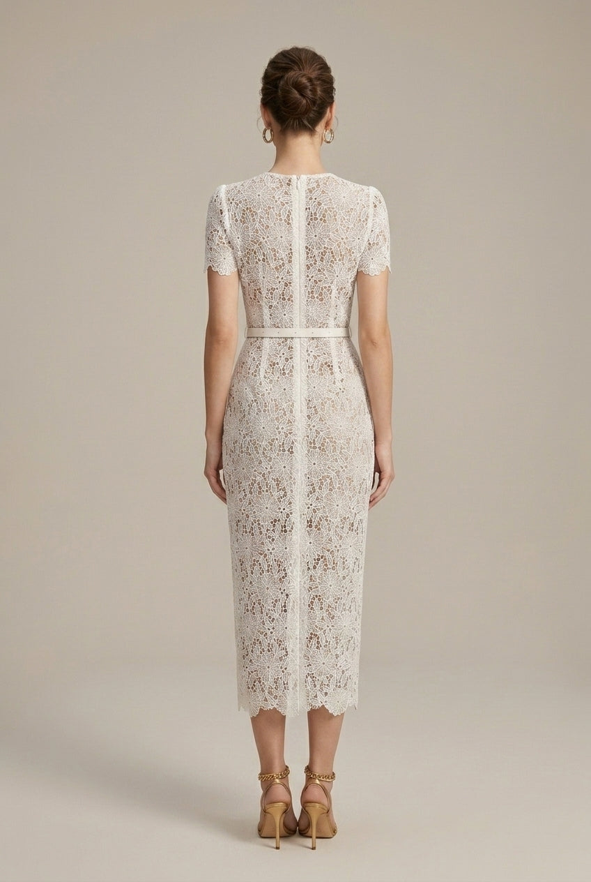 Women's Lace Midi Dress – Button-Front V-Neck