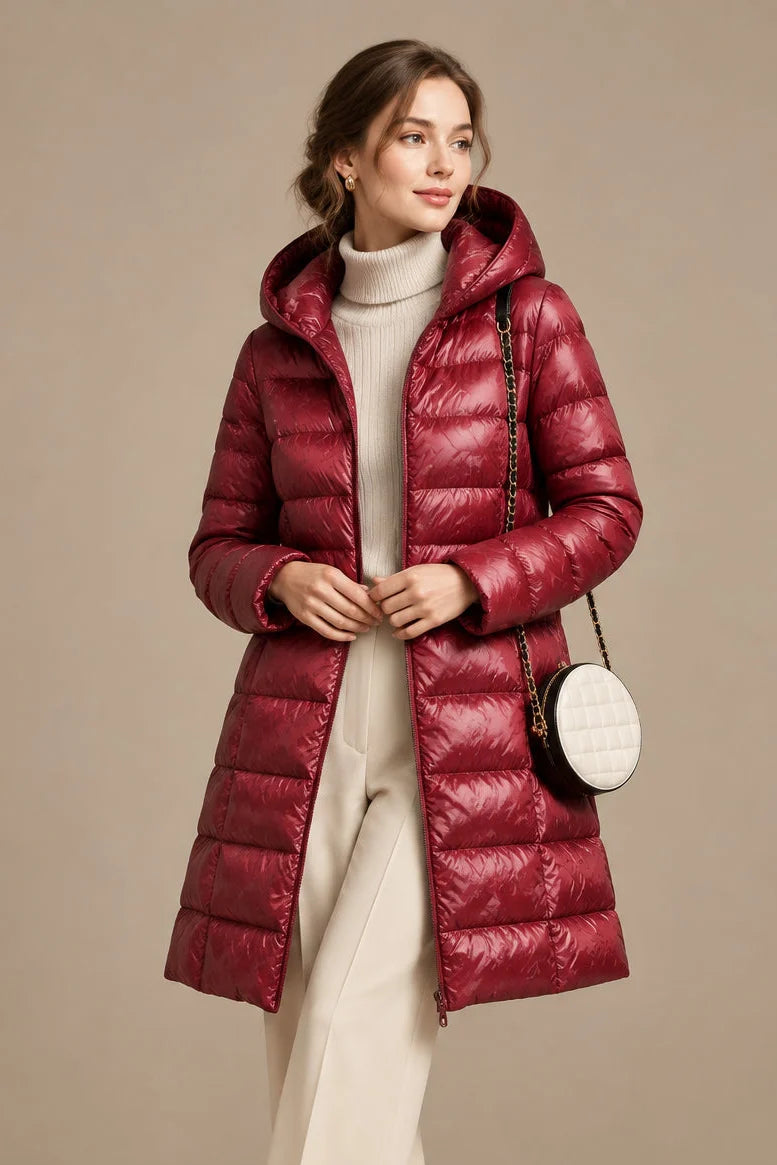 Women's Down Hooded Jacket – Slim Mid-Length Fit