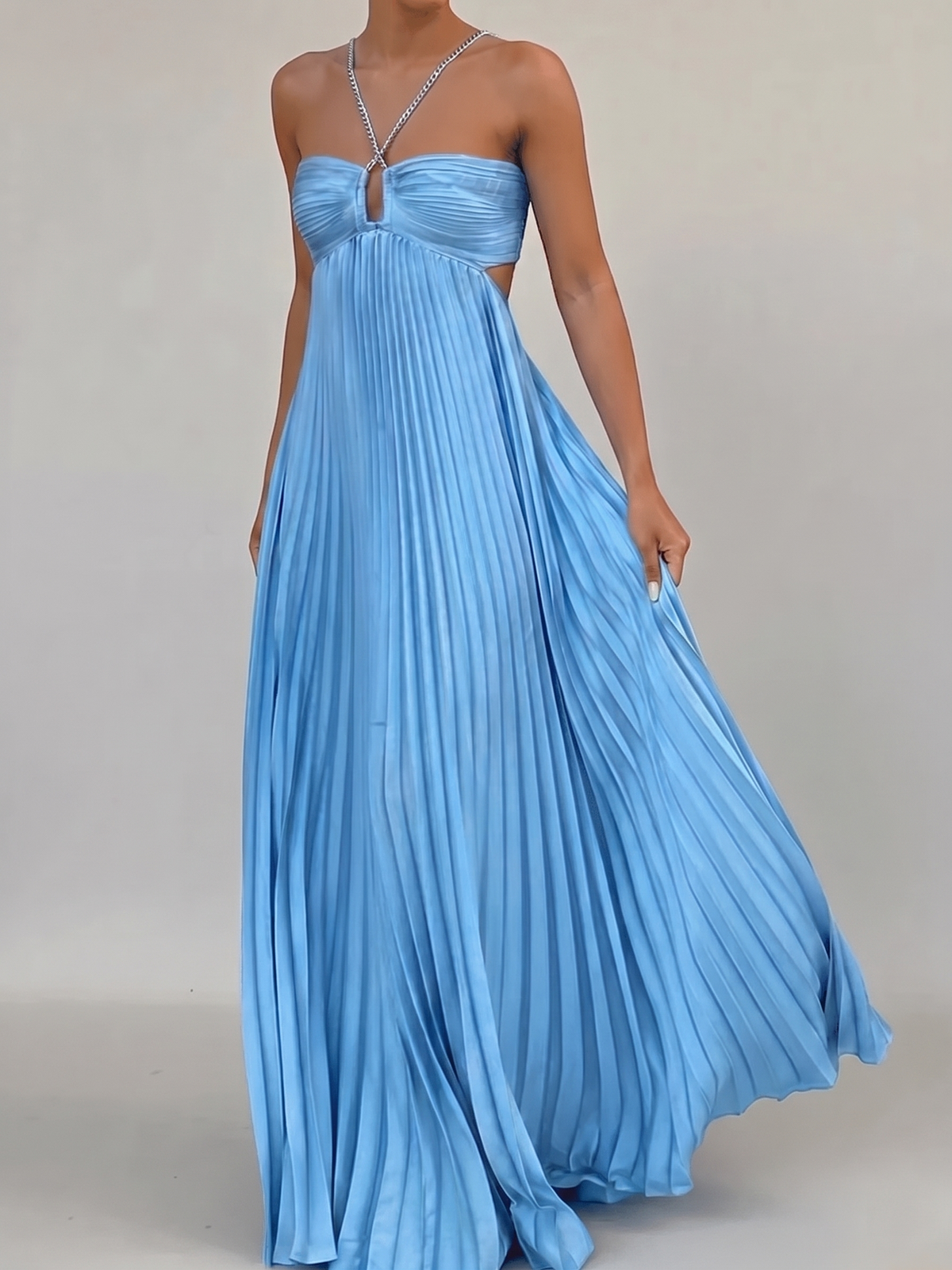 Women's Pleated Halter Maxi Dress – Open Back Floor Length
