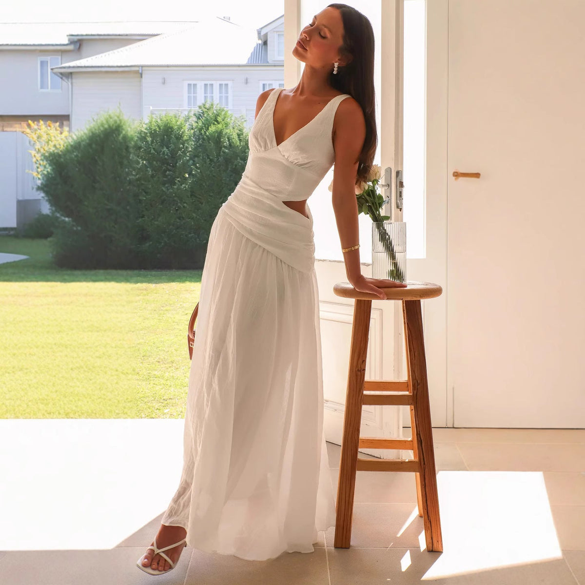 Women's Drop-Waist Maxi Dress – V-Neck Side Cutouts