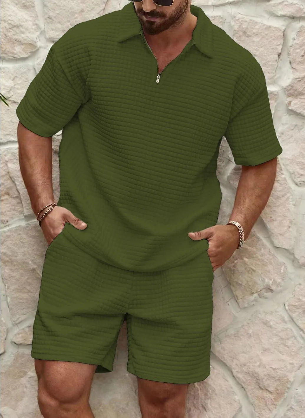 Men's Textured Two-Piece Set – Zip-Neck Shirt and Shorts