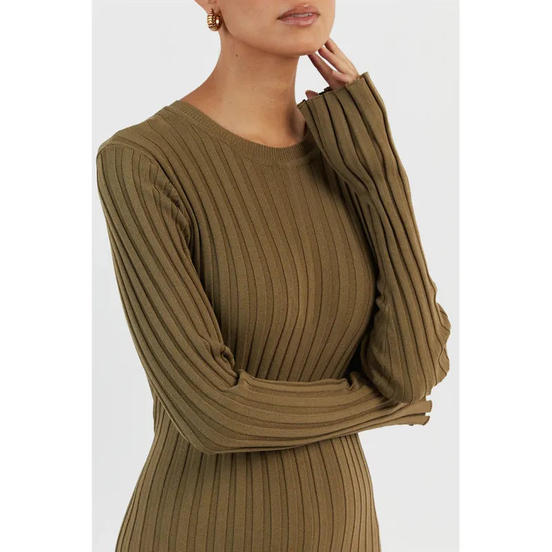 Women's Ribbed Knit Maxi Dress – A-Line Long Sleeve