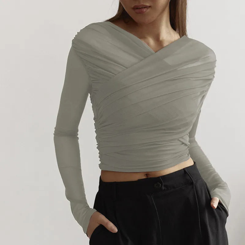 Women's Long Sleeve Top – Pleated Front Fitted