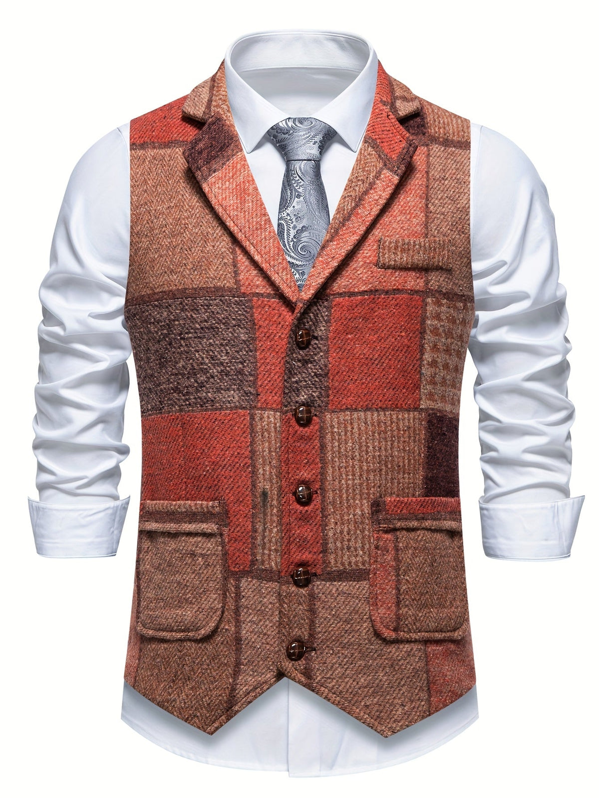 Men's Herringbone Patchwork Vest – Notched Lapel Tweed Look