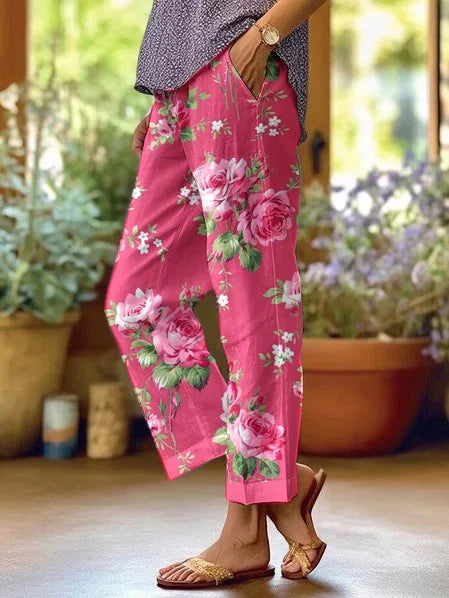 Women's Floral Cotton-Blend Pants – Mid-Rise Tapered Leg