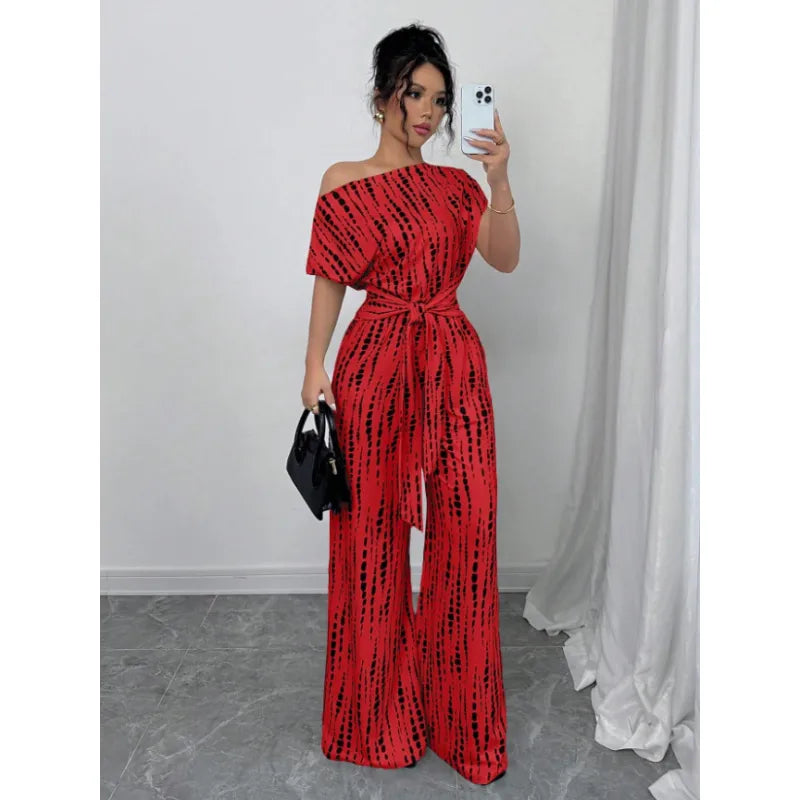 Women's One-Shoulder Jumpsuit – Wide-Leg Abstract Print
