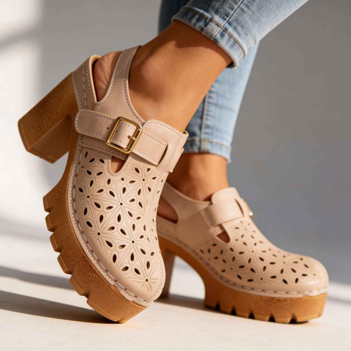 Women's Platform Block Heel Clogs – Floral Cutout Upper