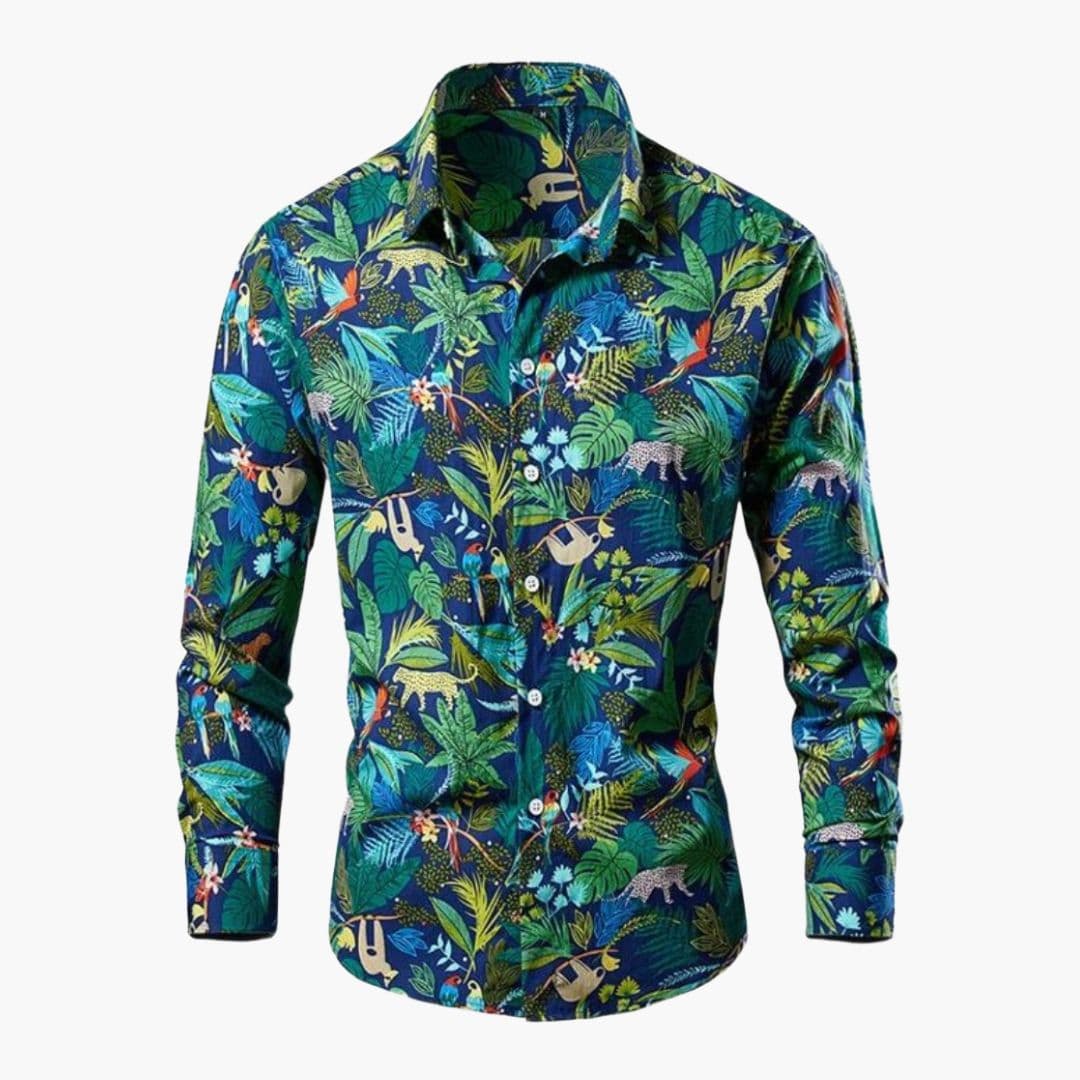 Men's Long Sleeve Cotton-Blend Shirt – Tropical Leaf Print
