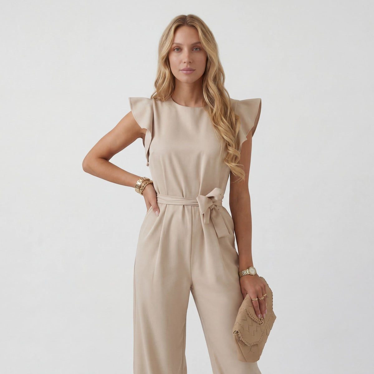 Women's Wide-Leg Jumpsuit – High-Waist Tie Belt