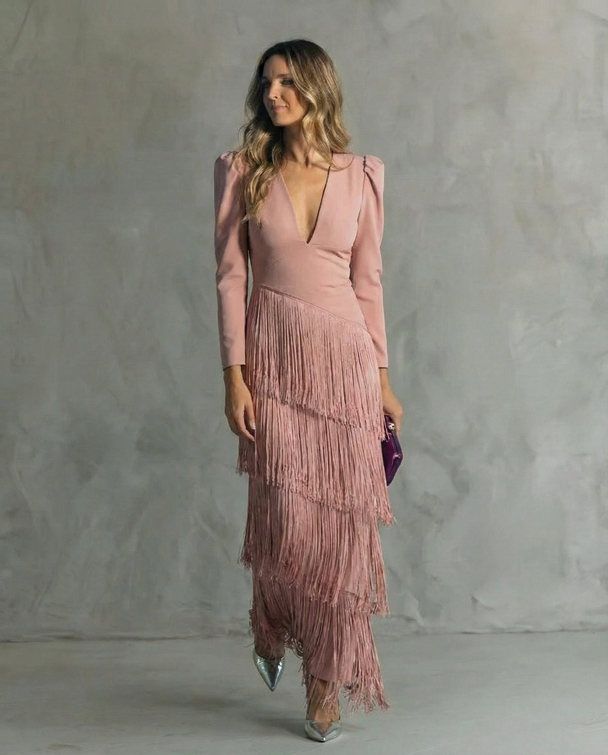 Women's Fringe Maxi Dress – Deep V Long Sleeve