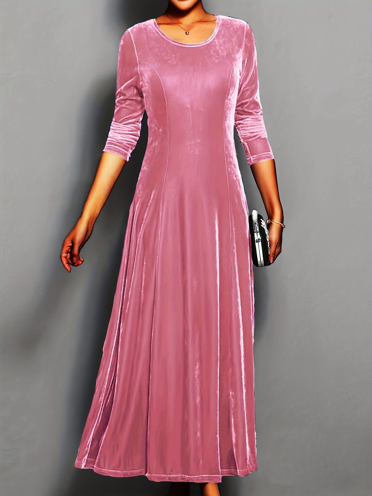 Women's Velvet Maxi Dress – A-Line Three-Quarter Sleeve