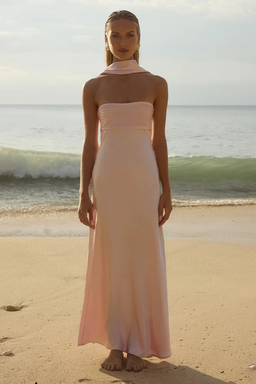 Women's Strapless Maxi Dress – Satin-Look Lace-Up Waist