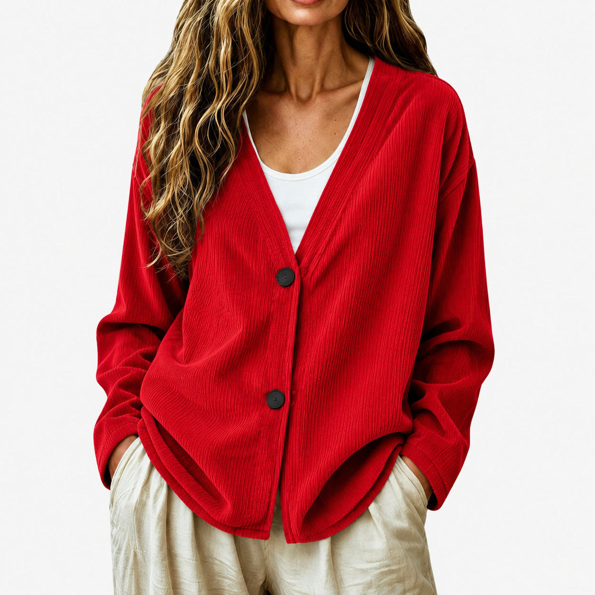 Women's Ribbed Knit Cardigan – Relaxed V-Neck Fit