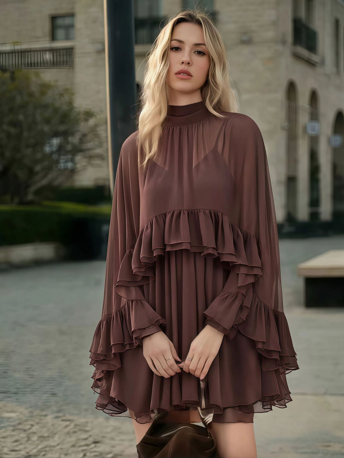 Women's Chiffon Midi Dress – Ruffle Trim Relaxed Fit