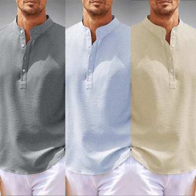 Men's Textured Button-Up Shirt – Stand Collar Regular Fit