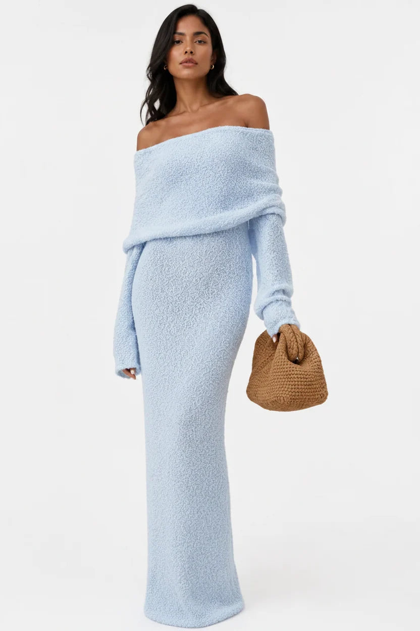 Women's Off-Shoulder Maxi Dress – Draped Fold Flared Sleeve