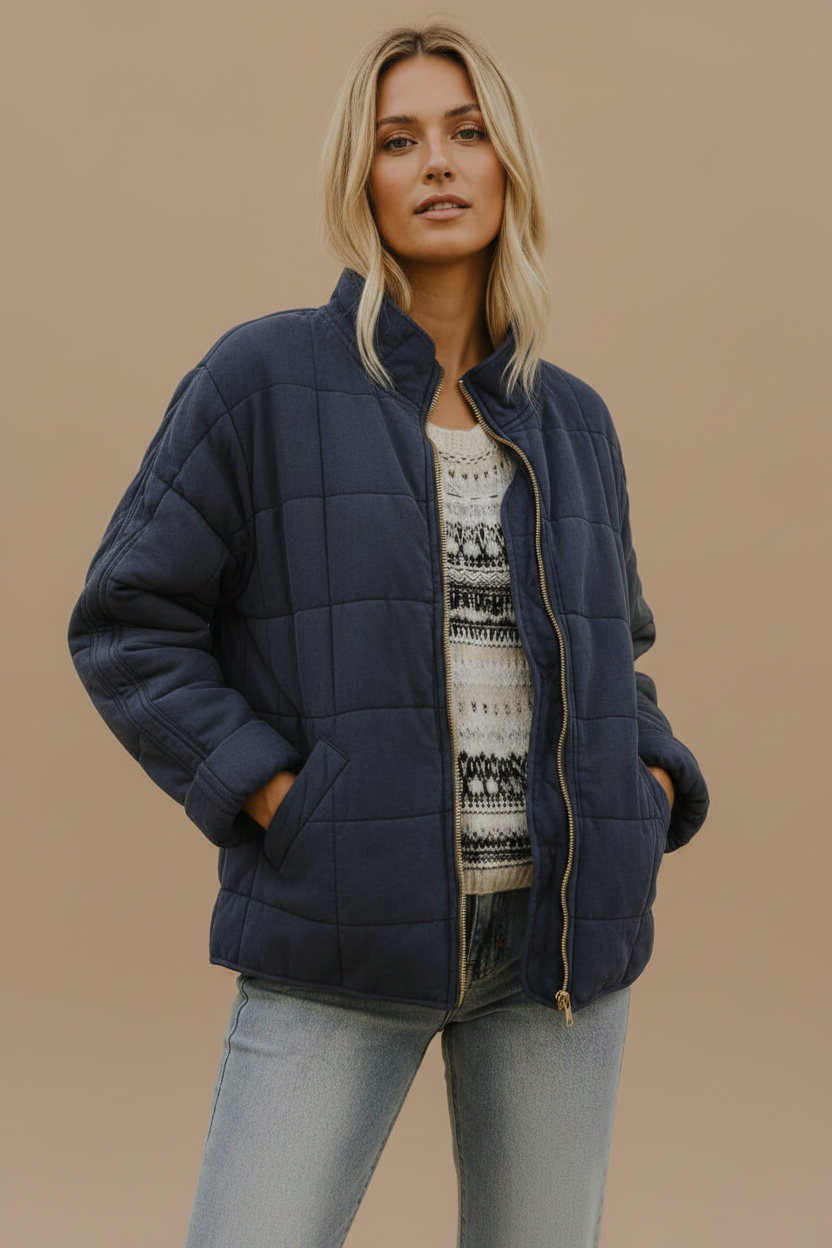 Women's Quilted Jacket – Diamond Stitch Stand Collar