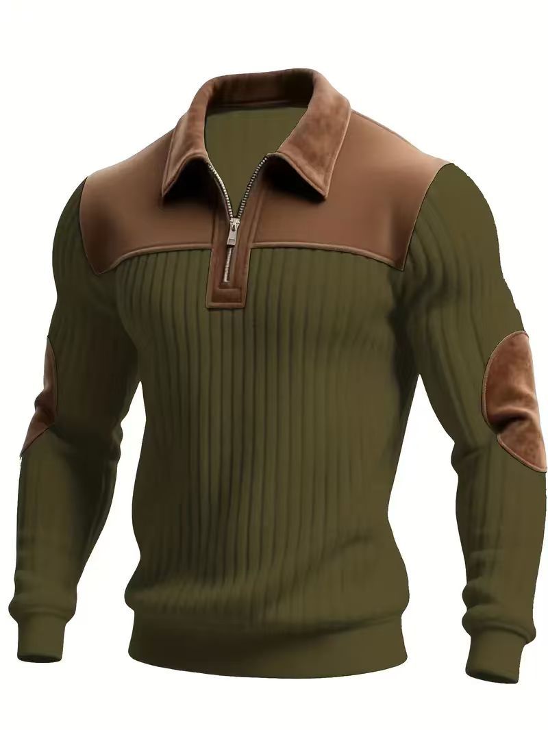 Men's Patchwork Knit Sweater – Notch Collar Zip Neck