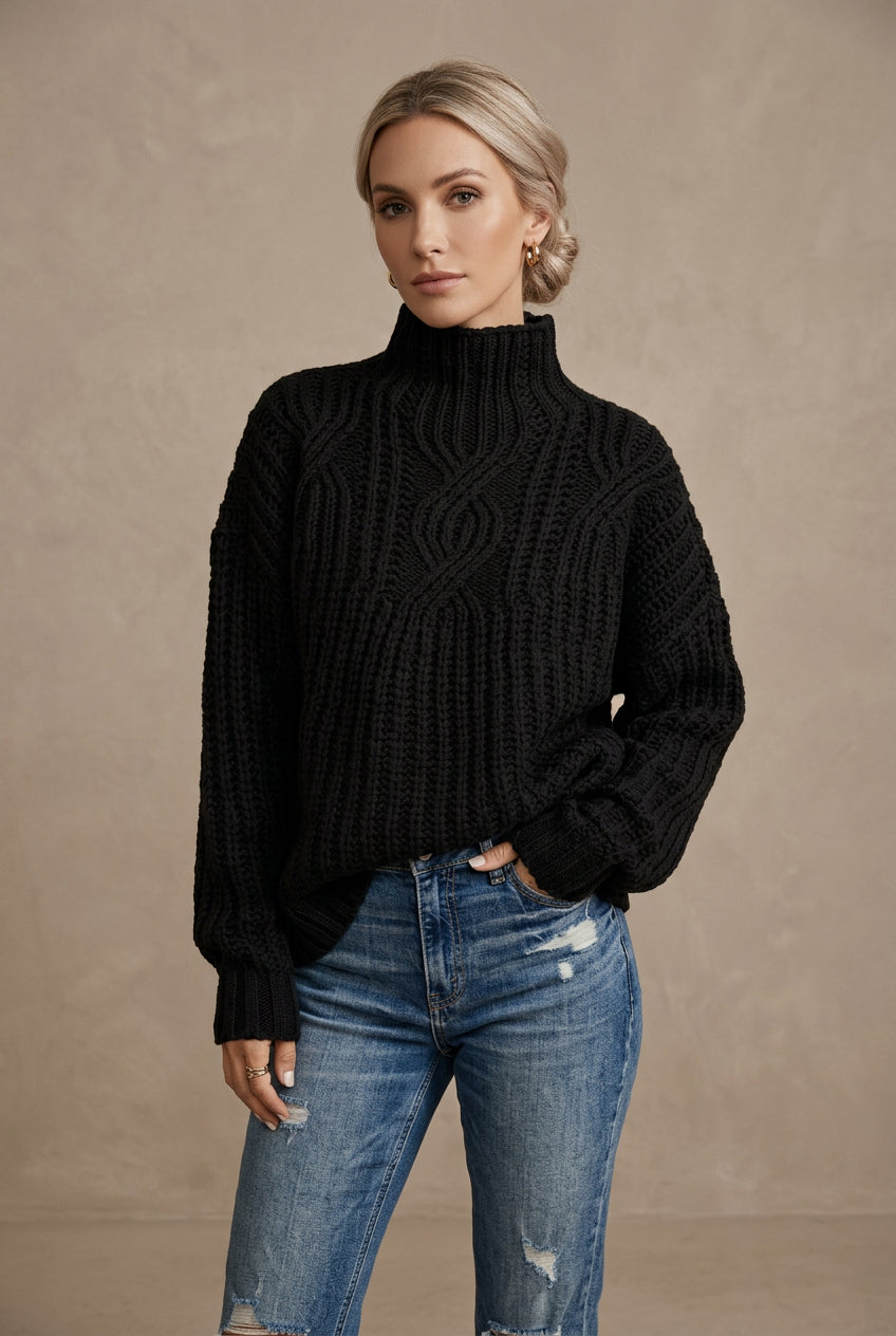 Women's High Neck Sweater – Twisted Knit Relaxed Fit