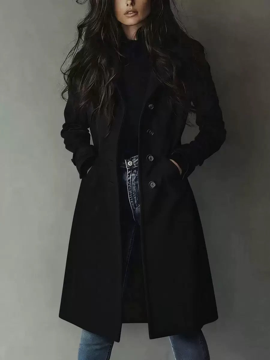 Women's Long Coat – Straight Cut with Flap Pockets