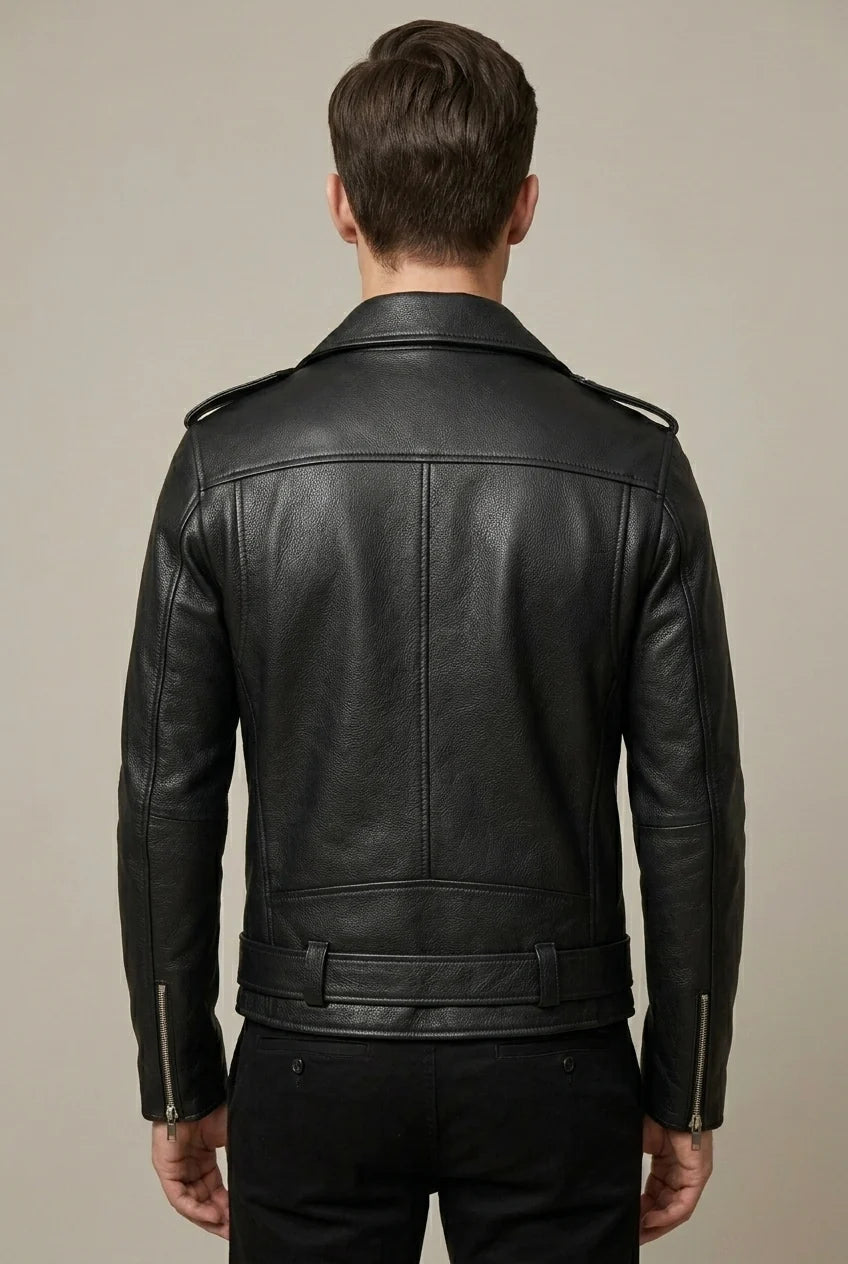Men's Cowhide Leather Biker Jacket – Asymmetric Belted Waist