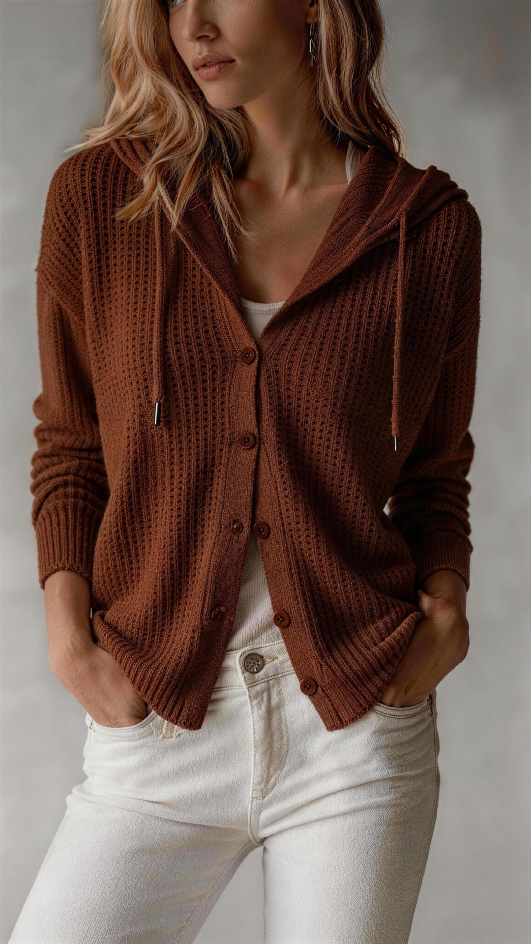 Women's Hooded Knit Cardigan – Relaxed Button Front