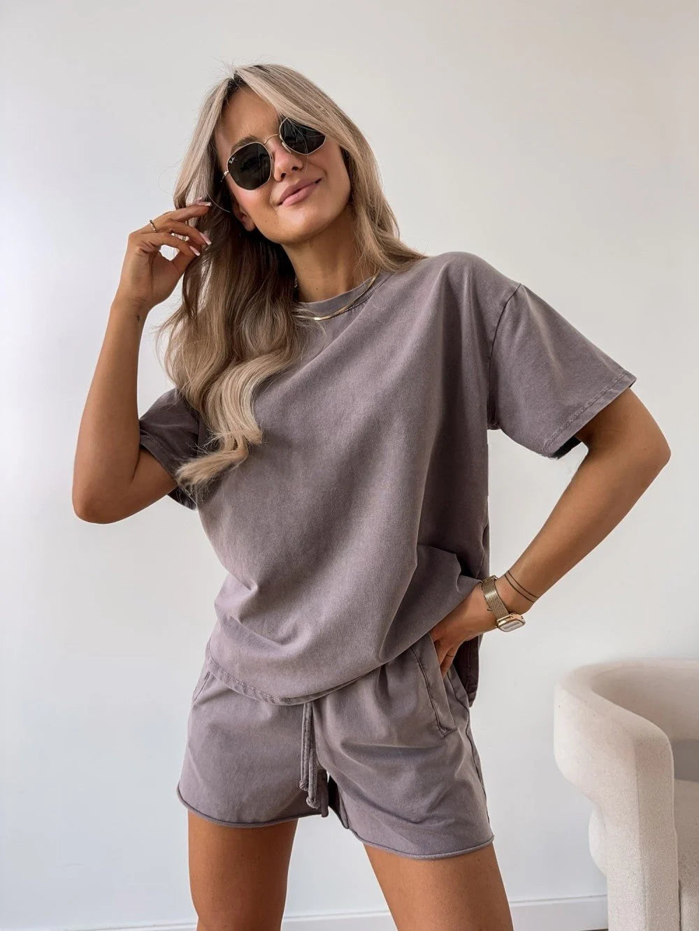 Women's T-Shirt and Shorts Set – Relaxed Drawstring Fit