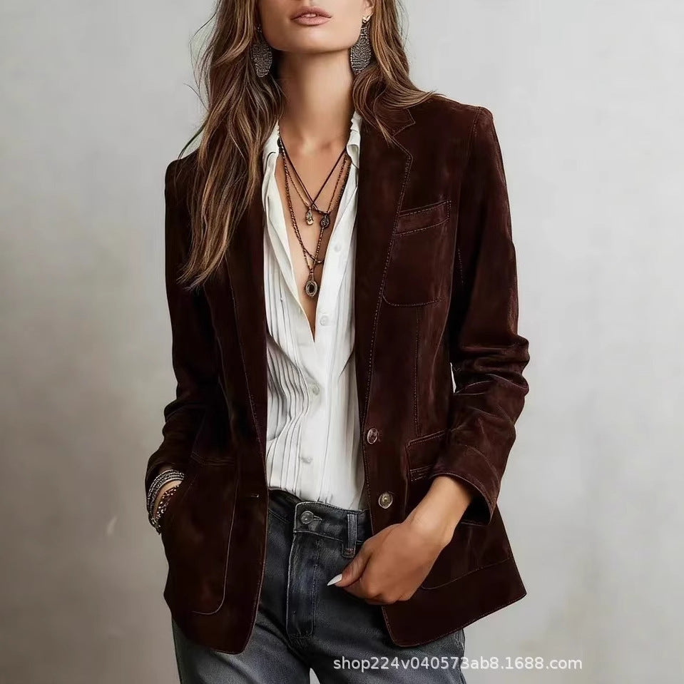 Women's Suede-Look Jacket – Single-Breasted Relaxed Fit