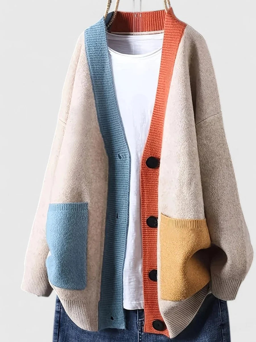 Women's Oversized V-Neck Cardigan – Two-Tone Patchwork Knit