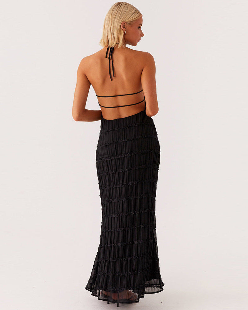 Women's Pleated Halter Maxi Dress – Textured Stripe Open Back