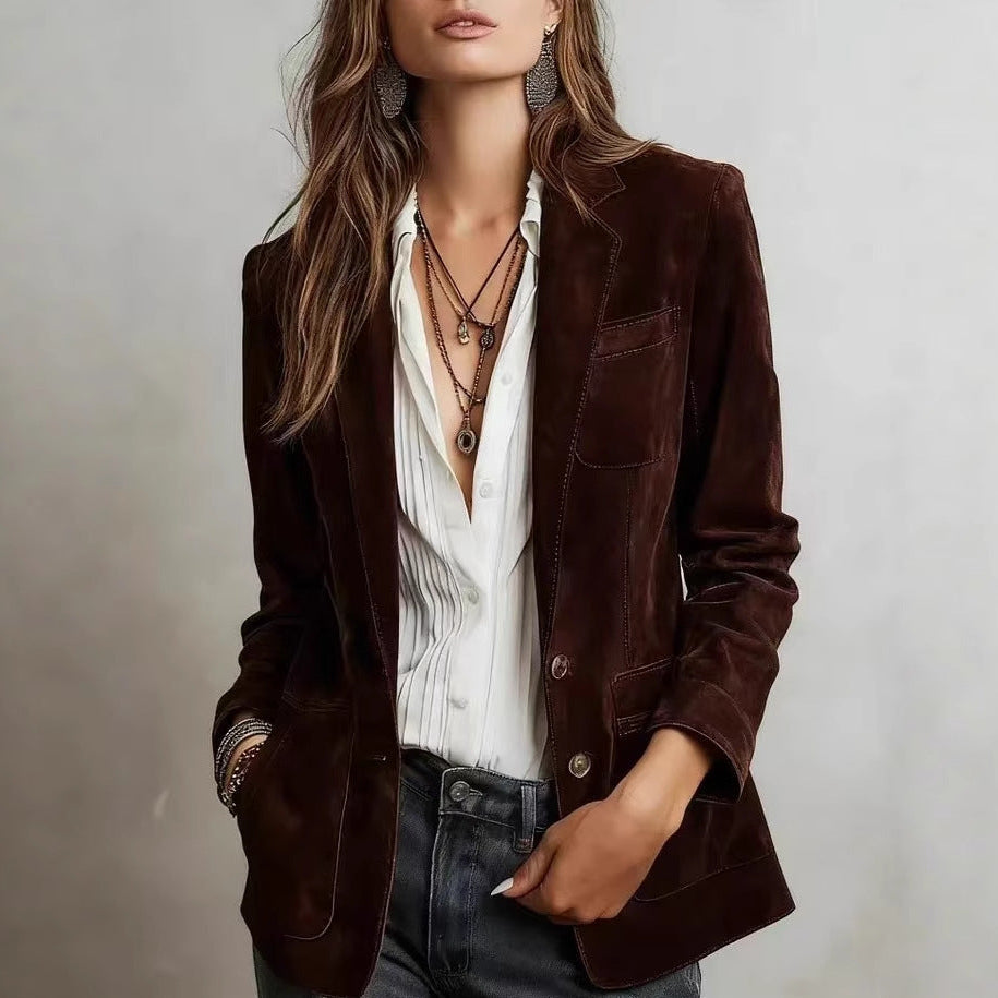 Women's Faux Suede Jacket – Relaxed Single-Breasted Fit