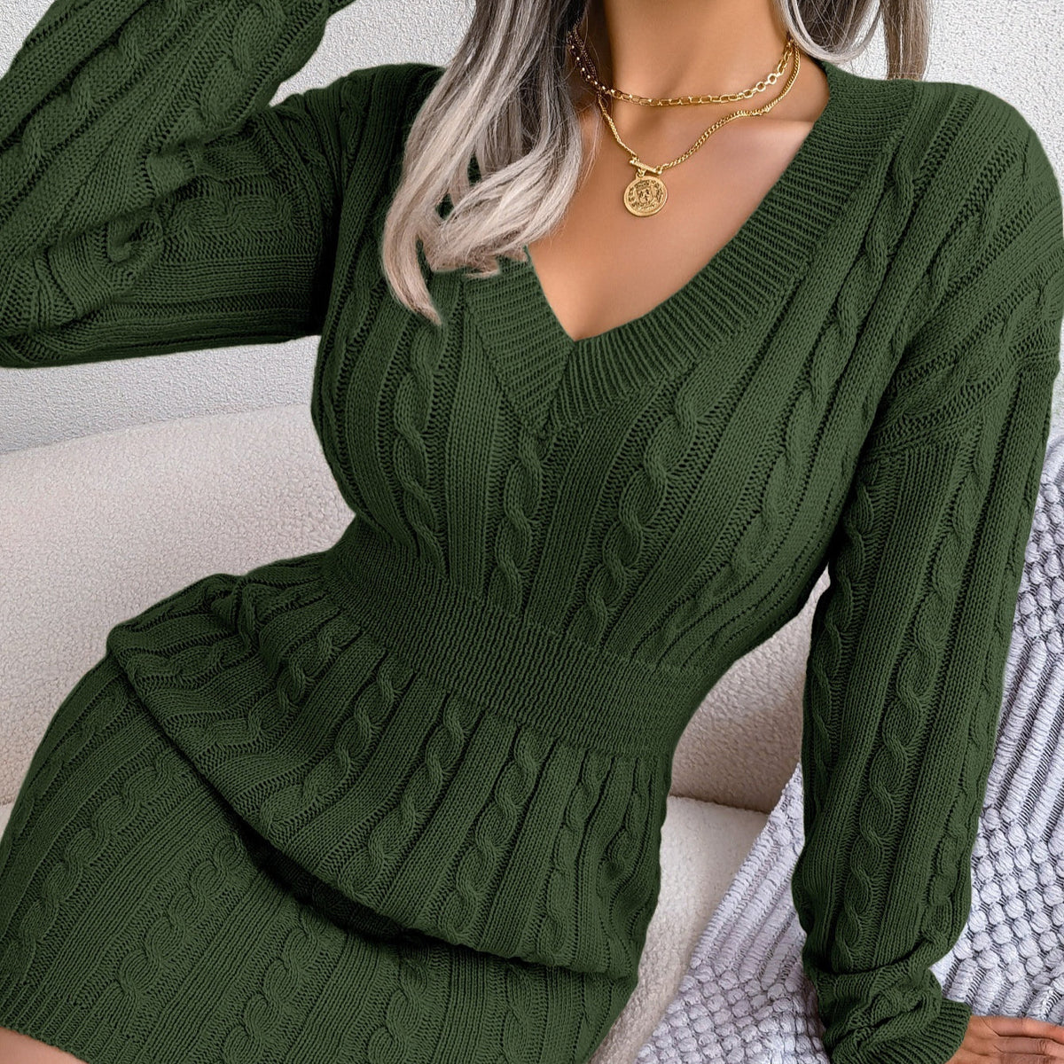 Women's Twist-Waist Mini Dress – Balloon Sleeve V-Neck