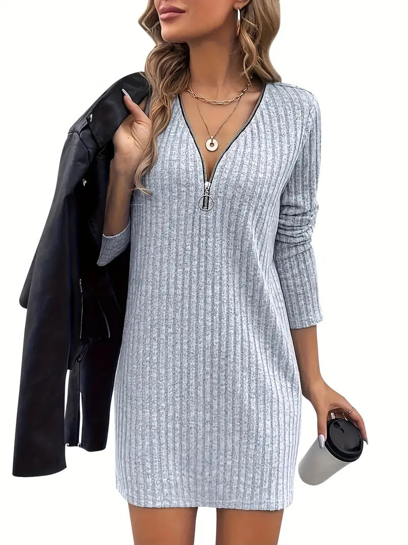 Women's Ribbed Midi Dress – Zip V-Neck Relaxed Fit