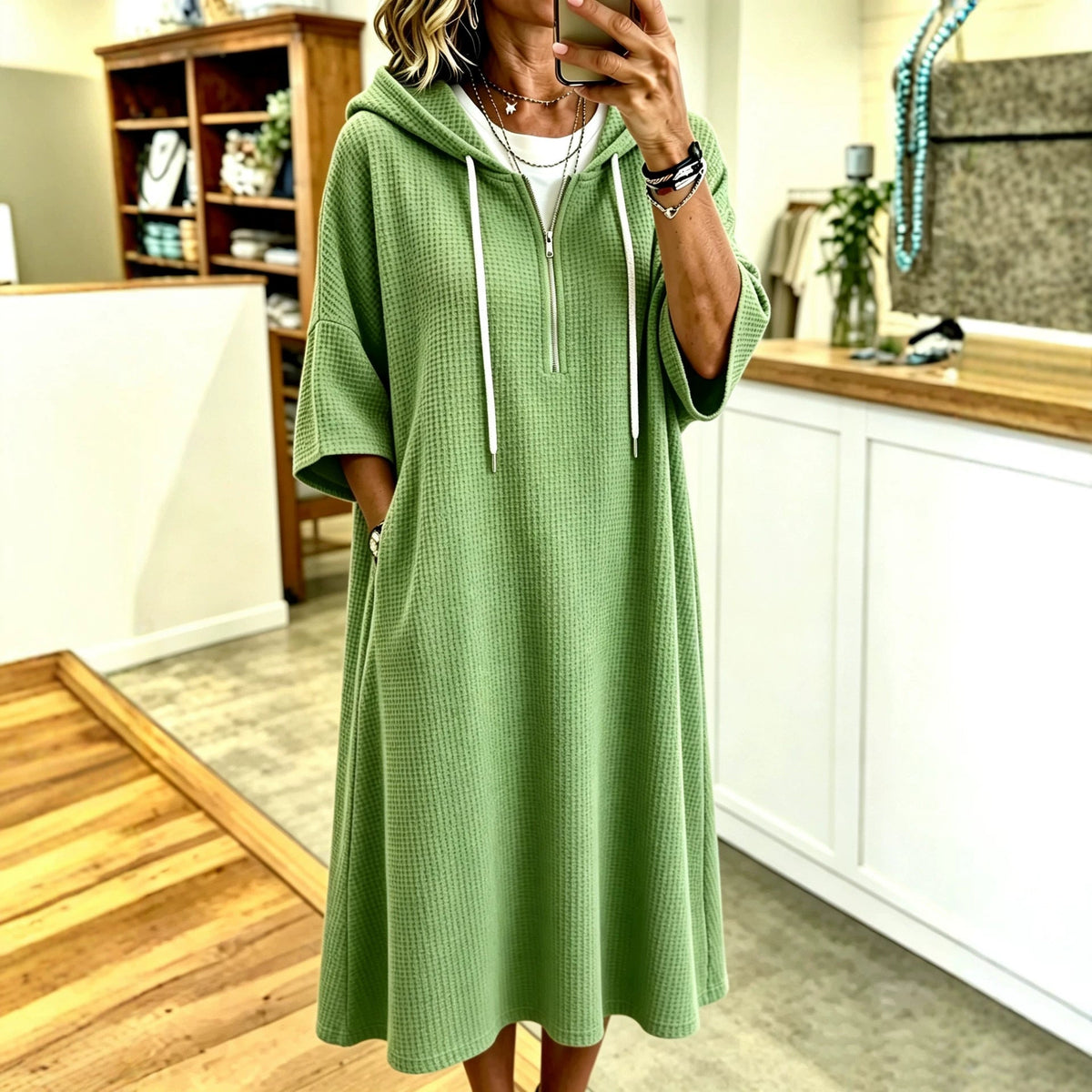 Women's Hooded Midi Dress – Straight Elbow-Sleeve Fit